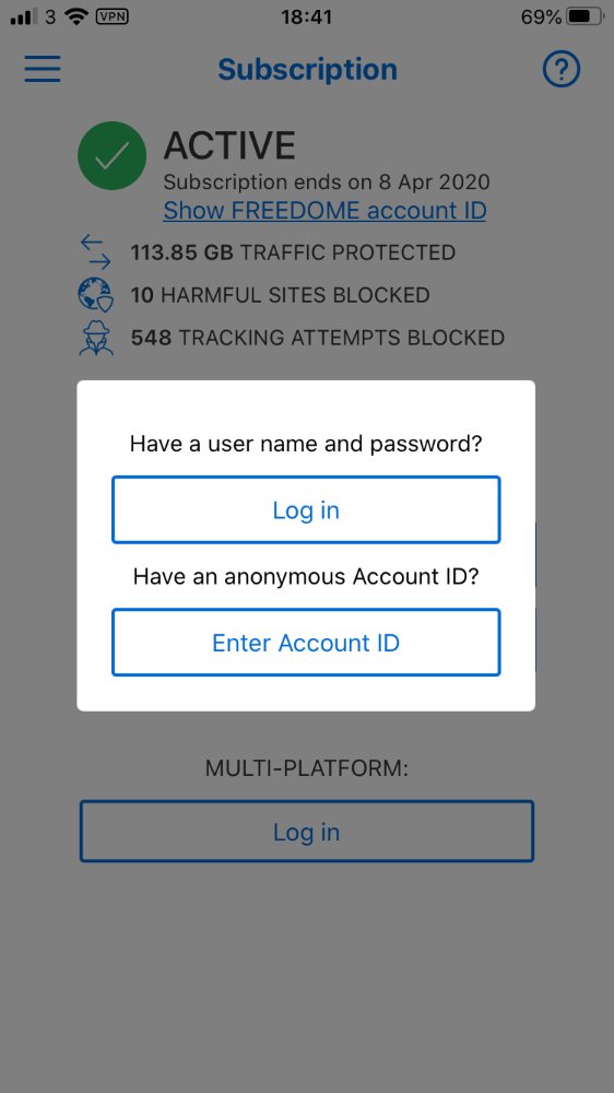 Freedome VPN activation screen for iPhone